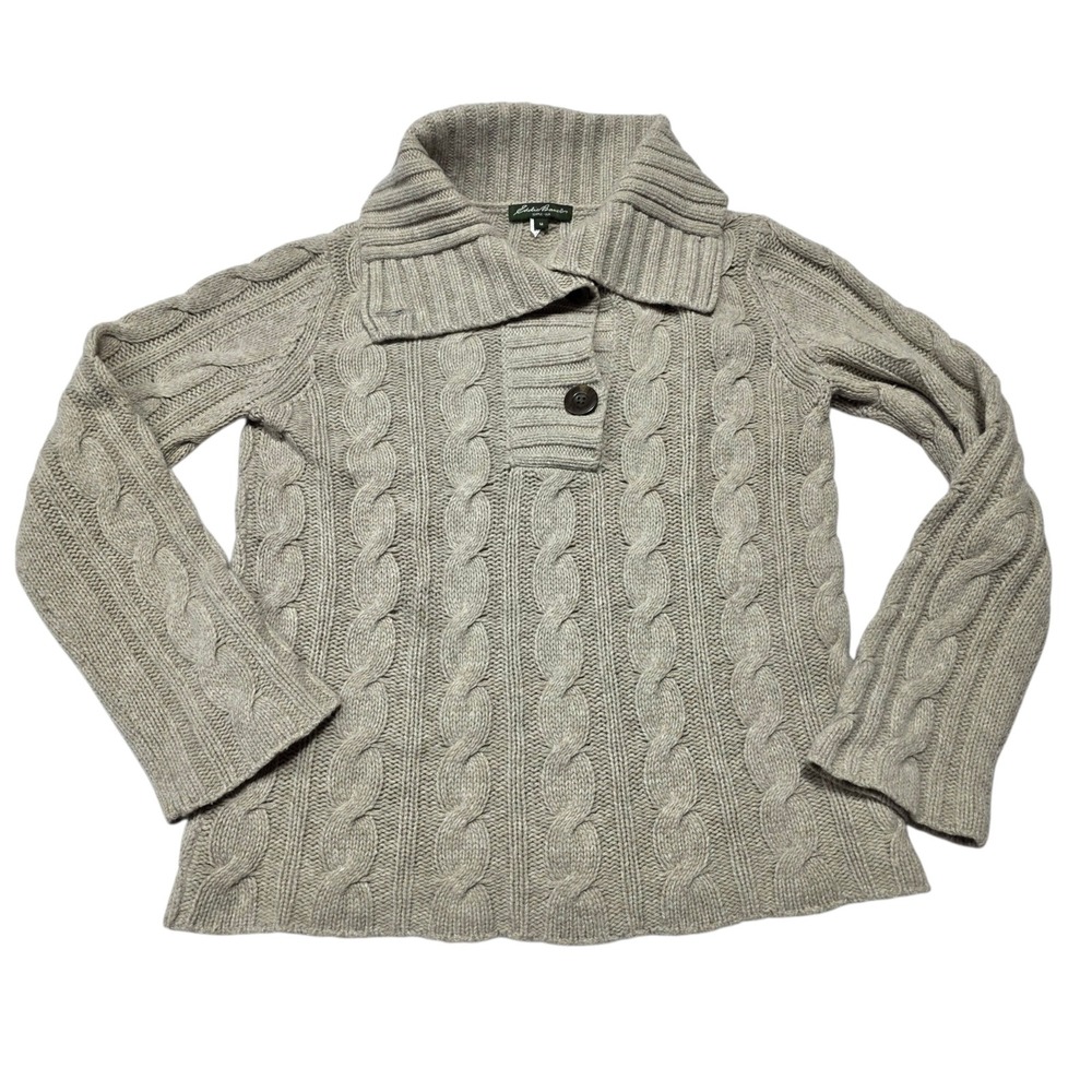 Eddie Bauer Womens Merino Wool Blend Cable Knit Sweater Tan Beige Medium